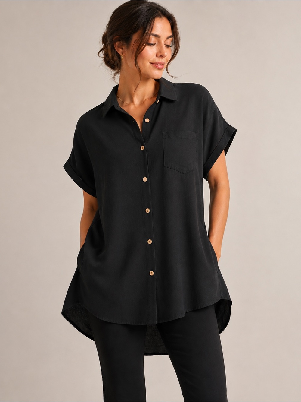 BSUBSEACH Black Button Front High Low Tunic Top Back Tie Medium